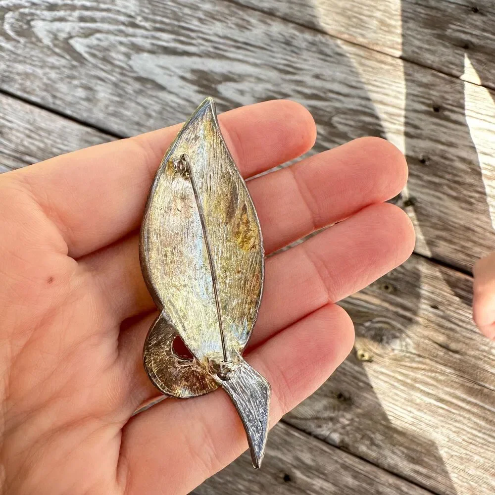 Vintage Jewelry Gold and Silver Tone Lead Brooch Abstract Leaf Pin
